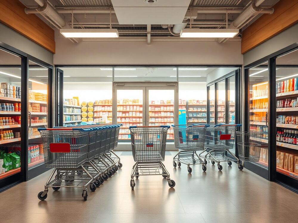 Supermarket entrance with shopping trolleys, representative store image