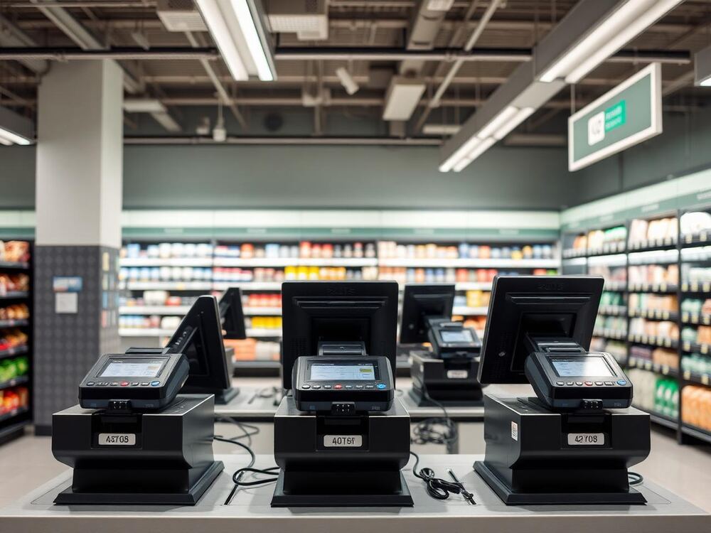 Supermarket checkout area, representative store image