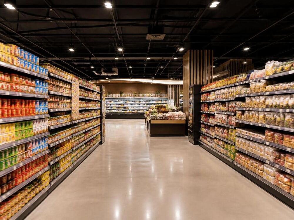 Well stocked supermarket aisle, representative store image