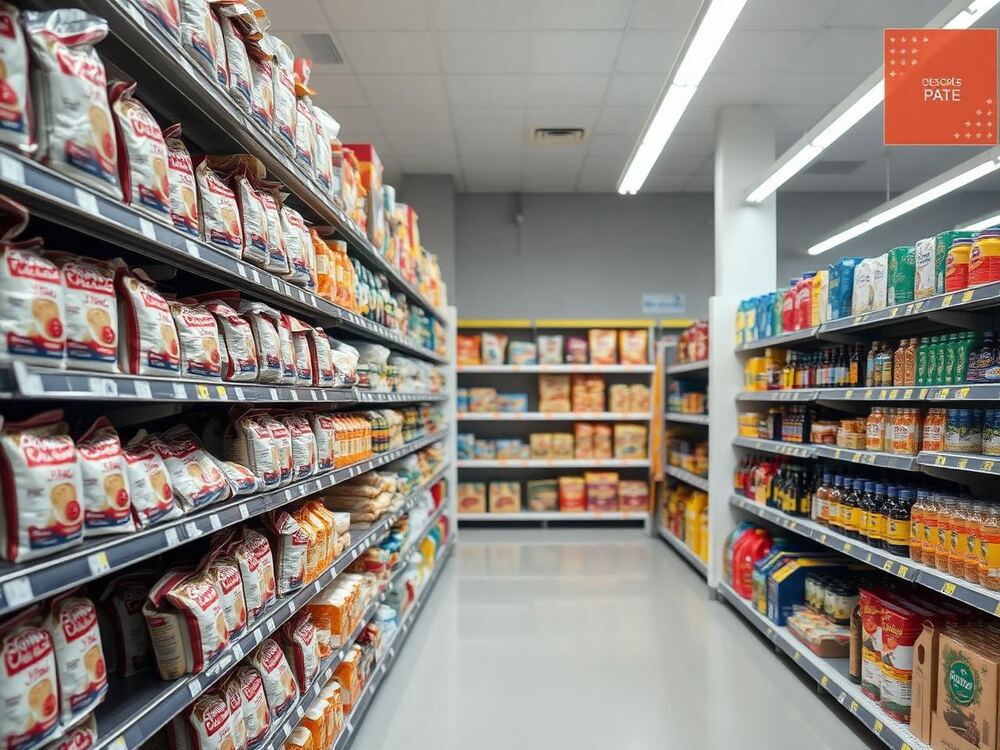 Supermarket pantry aisle with staples, representative store image