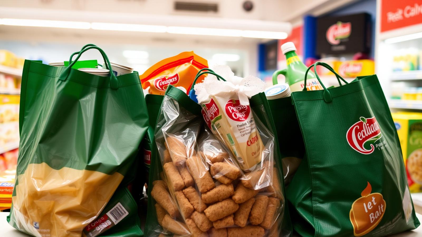 Grocery bag filled with fresh food on a kitchen table